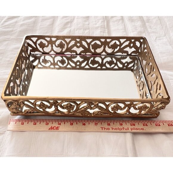Footed Mirror Tray LG Gold Vanity Filigree Scroll Floral 14" x 9" x 3.5" LUXURY - Picture 8 of 15